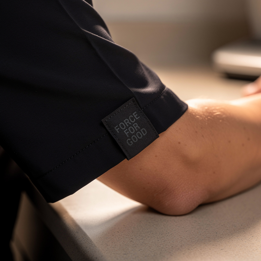 Force For Good tag inside scrub sleeve cuff